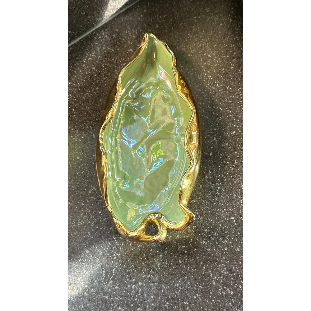 Vintage Leaf Dish Green & Gold | Botanical Trinket Tray | Cottagecore Jewelry Ho